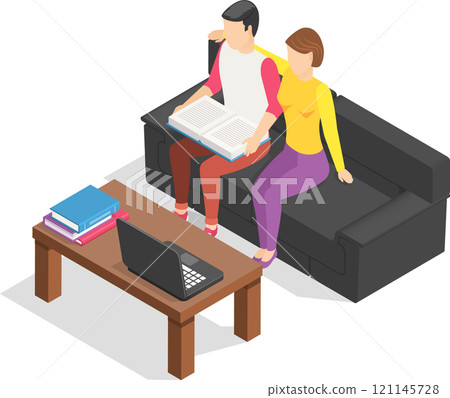 Young couple enjoying reading a book together, sitting on a comfortable sofa in their living room, with a laptop and other books nearby on a coffee table, creating a cozy and relaxing atmosphere 121145728