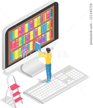 Online library allowing student to pick book from large bookshelf displayed on computer screen, offering convenient access to vast collection of knowledge and information 121145729