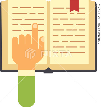 Hand with index finger extended points to an open book with a red bookmark, illustrating the concepts of reading, studying, learning, and education 121145737