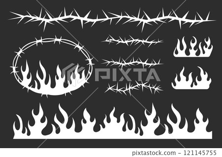 Neo tribal pink emo borders, barb wire and flame y2k aesthetic tattoo gothic, fire abstract silhouette isolated on background. Divider, border, cyber body ornament, neotribal web goth decoration 121145755