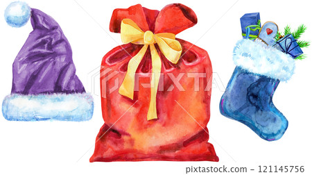 Christmas Santa hat, bag, ball and sock for gift, watercolor illustration 121145756