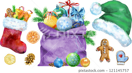 Christmas Santa hat, bag, ball and sock for gift, watercolor illustration Christmas Santa hat, bag, ball and sock for gift, watercolor illustration 121145757