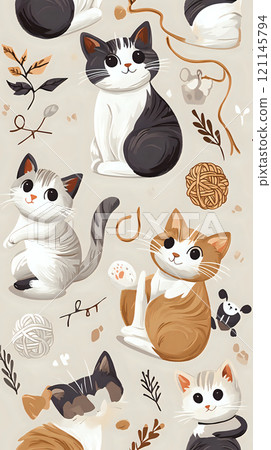 Seamless Pattern Featuring Adorable Calico Cats Playing with Toys 121145794