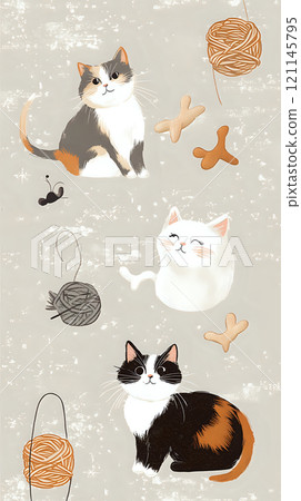Charming Seamless Design of Calico Cats Surrounded by Playful Toys 121145795