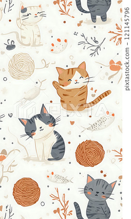 Endearing Seamless Pattern of Calico Cats with Various Playful Toys 121145796