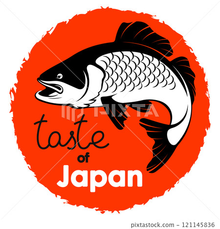 Fish silhouette and red circle, Japanese food symbol 121145836