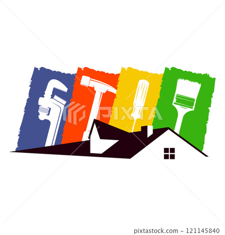 Set of construction tools and house roof, symbol for repair 121145840