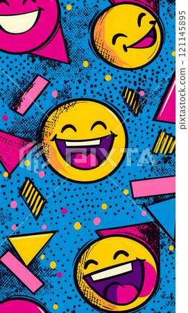 Playful Pop Art Composition with Laughing Emojis and Bold Accents 121145895