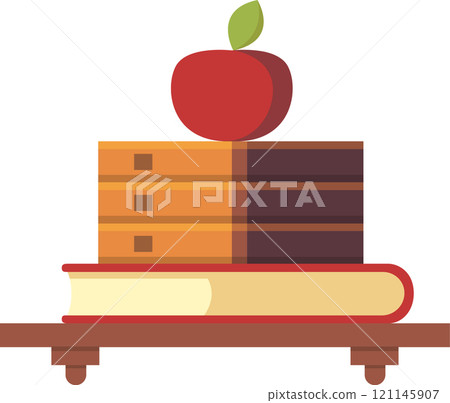 Stacked books and notebooks supporting a red apple, symbolizing knowledge, learning, and education, are placed on a wooden shelf, creating a back to school atmosphere 121145907
