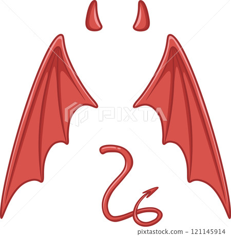 Devil costume elements featuring striking horns, dramatic wings, and a mischievous tail create a spooky and festive atmosphere perfect for halloween parties and celebrations 121145914