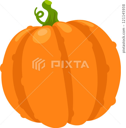 Vibrant orange pumpkin with prominent vertical grooves and a curled green stem, embodying the essence of autumn harvests and festive celebrations 121145938