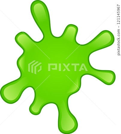 Vibrant green splatter spreading across a pristine white backdrop, creating a striking visual effect with its gooey texture and dynamic, fluid shape, evoking a sense of playful energy 121145967