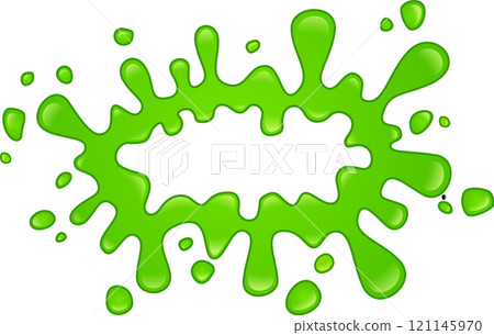 Green slime splattering on a white background, creating a vibrant and gooey visual effect, perfect for representing anything sticky, messy, or playful 121145970