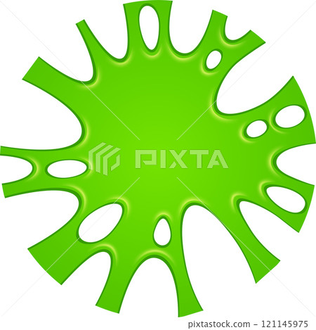 Bright green slime splashing against a white background, creating a playful and messy scene with various sized holes, evoking a fun and vibrant atmosphere 121145975