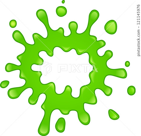 Bright green slime is splashing, creating a dynamic and vibrant splat with smaller droplets surrounding it against a clean white background 121145976