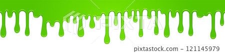 Viscous bright green slime dripping down on white background, creating a sticky and gooey texture, suitable for halloween or any spooky design 121145979