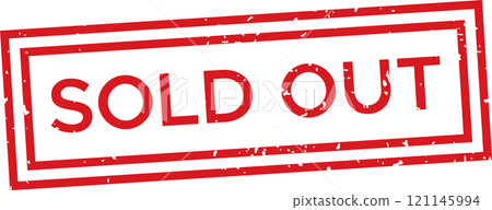 Rectangular red double bordered grunge rubber stamp featuring the bold text sold out, set against a clean white background, conveying unavailability and scarcity in retail contexts 121145994