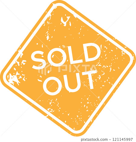Orange grunge rubber stamp featuring a rotated square shape, clearly marking products or tickets as sold out and indicating unavailability in business and retail contexts 121145997