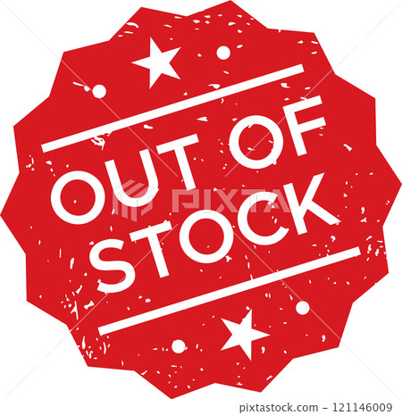 Red grunge style out of stock rubber stamp with stars and lines on a white background, indicating unavailability of a product, sold out items, or inventory depletion 121146009