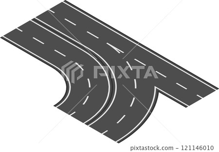 Isometric view of a highway ramp joining traffic flowing on the main road, creating a smooth transition for vehicles entering or exiting the highway 121146010