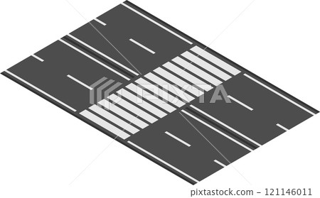 Isometric view showcasing a pedestrian crossing marked by white stripes on an asphalt road, creating a safe pathway for people navigating the urban streetscape Isometric view showcasing a pedestrian crossing marked by white stripes on an asphalt road, creating a safe pathway for people navigating the urban streetscape 121146011