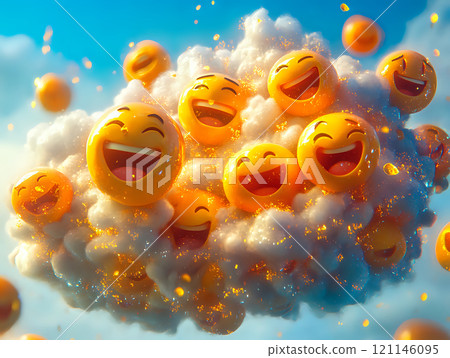 Surreal Cloud of Laughing Emojis with Golden Glows in Sky 121146095