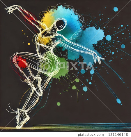 Dynamic Breakdancer in Abstract Wireframe Art with Vibrant Splashes of Color with Generative AI. 121146148