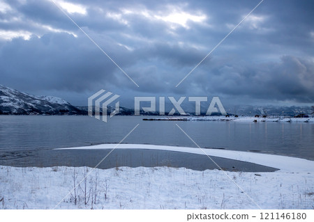Winter evening at Ofotfjorden, Norway 121146180