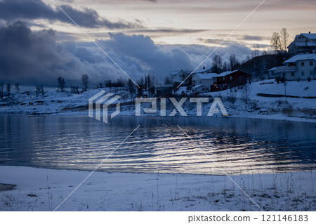 Winter evening at Ofotfjorden, Norway 121146183