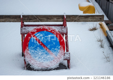 Traffic sign stopping prohibited and snow, Norway 121146186