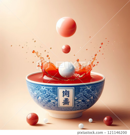 Festive food for Chinese Lantern Festival, Winter Solstice or Lunar New Year. bowl of delicious sweet glutinous rice balls(Tangyuan) with Generative AI. 121146200