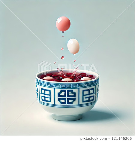 Festive food for Chinese Lantern Festival, Winter Solstice or Lunar New Year. bowl of delicious sweet glutinous rice balls(Tangyuan) with Generative AI. 121146206