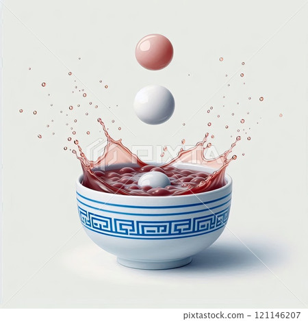 Festive food for Chinese Lantern Festival, Winter Solstice or Lunar New Year. bowl of delicious sweet glutinous rice balls(Tangyuan) with Generative AI. 121146207