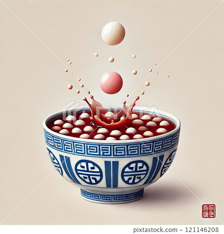 Festive food for Chinese Lantern Festival, Winter Solstice or Lunar New Year. bowl of delicious sweet glutinous rice balls(Tangyuan) with Generative AI. 121146208