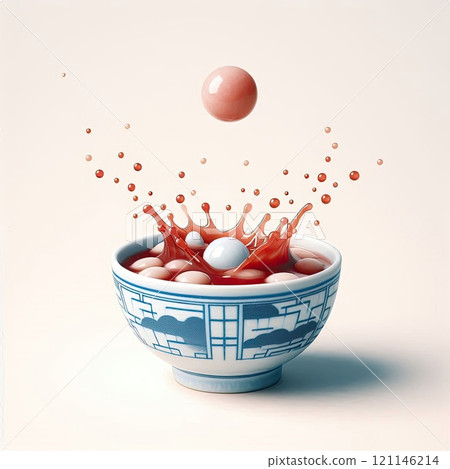 Festive food for Chinese Lantern Festival, Winter Solstice or Lunar New Year. bowl of delicious sweet glutinous rice balls(Tangyuan) with Generative AI. 121146214