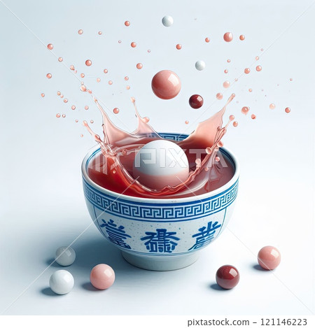 Festive food for Chinese Lantern Festival, Winter Solstice or Lunar New Year. bowl of delicious sweet glutinous rice balls(Tangyuan) with Generative AI. 121146223