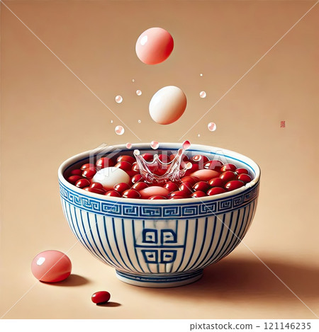 Festive food for Chinese Lantern Festival, Winter Solstice or Lunar New Year. bowl of delicious sweet glutinous rice balls(Tangyuan) with Generative AI. 121146235