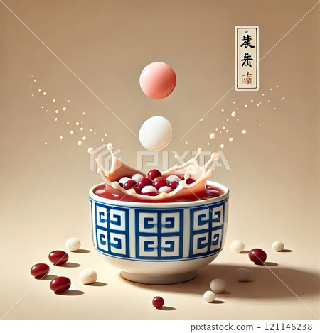 Festive food for Chinese Lantern Festival, Winter Solstice or Lunar New Year. bowl of delicious sweet glutinous rice balls(Tangyuan) with Generative AI. 121146238