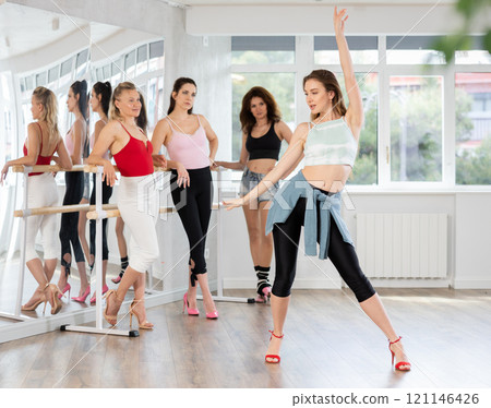 Visitors to choreographic class, observe professional rendering of dance elements performances couch 121146426