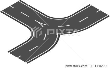 Y shaped highway intersection joining two roads, creating a fork in the road, symbolizing a choice of path or direction, isolated on white background 121146535