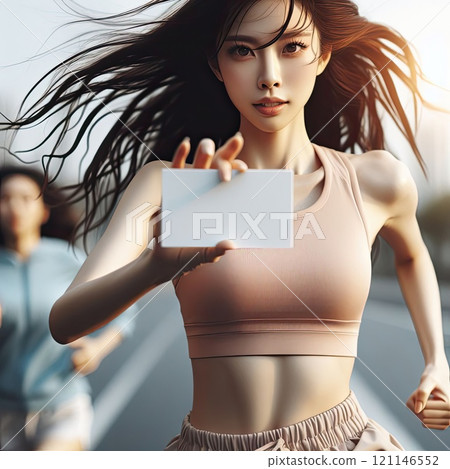 Asian beauty Runner Holding a Blank Card with Generative AI. 121146552