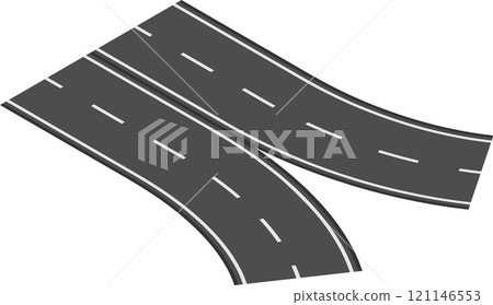Two winding roads are crossing and merging on a white background, creating a dynamic intersection with lines indicating traffic flow and direction Two winding roads are crossing and merging on a white background, creating a dynamic intersection with lines indicating traffic flow and direction 121146553