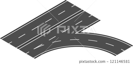 Aerial view of a curved highway road junction turning right, featuring white lane dividers on a gray asphalt surface against a white background Aerial view of a curved highway road junction turning right, featuring white lane dividers on a gray asphalt surface against a white background 121146581