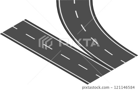 Winding road curves and splits into two straight paths, creating a visual representation of choices and different directions in life, viewed from an isometric perspective Winding road curves and splits into two straight paths, creating a visual representation of choices and different directions in life, viewed from an isometric perspective 121146584