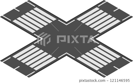 Four crosswalks and roads intersecting in an x shape, captured from above, illustrating concepts of urban planning, pedestrian safety, and traffic flow in a city environment 121146595