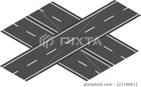 Intersecting roads forming a cross shape with white lane markings on dark asphalt, creating a simple representation of an intersection against a clean white backdrop 121146611
