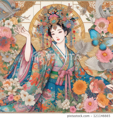 Korean beauty elegant Figure Amidst a Floral Fantasy with Generative AI. 121146665
