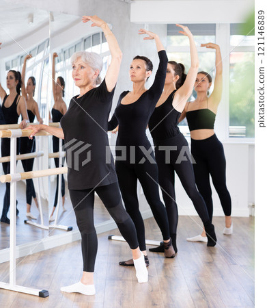 Girls in ballet class perform Batman with participation of mature female mentor 121146889
