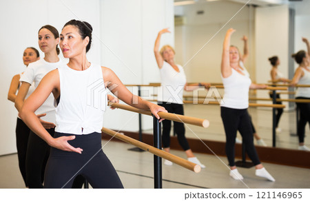 Asian girl training in ballet class with other dancers Asian girl training in ballet class with other dancers 121146965