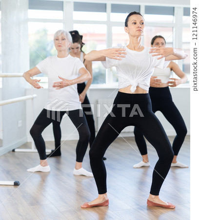 Girls in ballet class perform composition with grand plie with participation of mature female mentor Girls in ballet class perform composition with grand plie with participation of mature female mentor 121146974